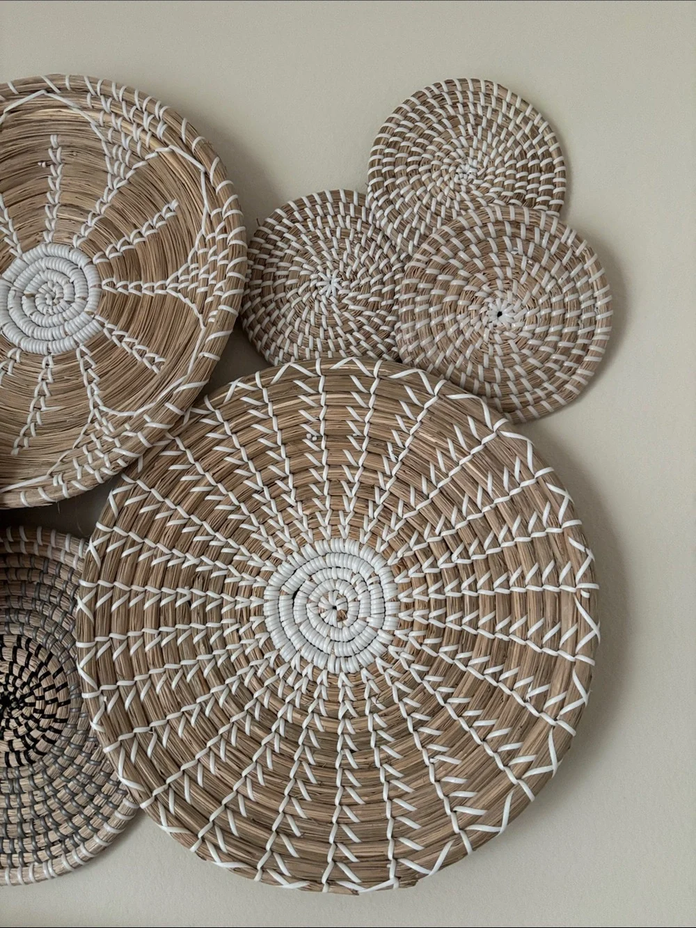 Handwoven Rattan Wall Basket Set of 11 - Natural and White